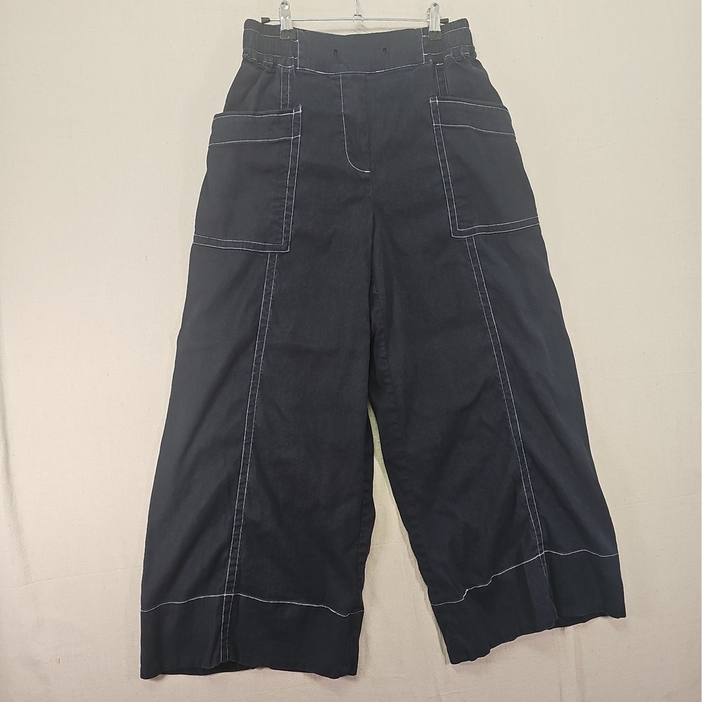 Maeve Anthropologie La Ponche Medium Black Linen Blend Pull-On Wide-Leg Pants